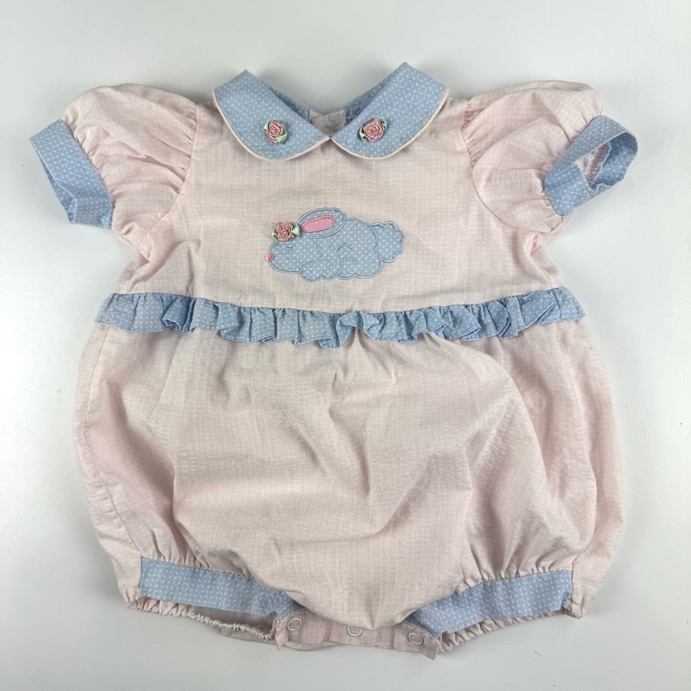 Vintage 90s Kids N’ Fun Sz 12M Easter Bunny Romper Blue Pink w/ Ruffles Collared